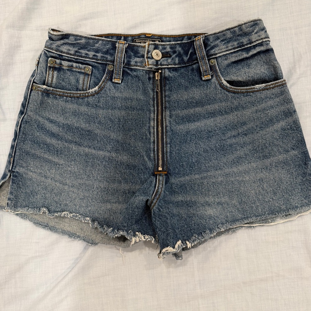 Abercrombie & Fitch Distressed High-Rise Denim Shorts in Blue Wash